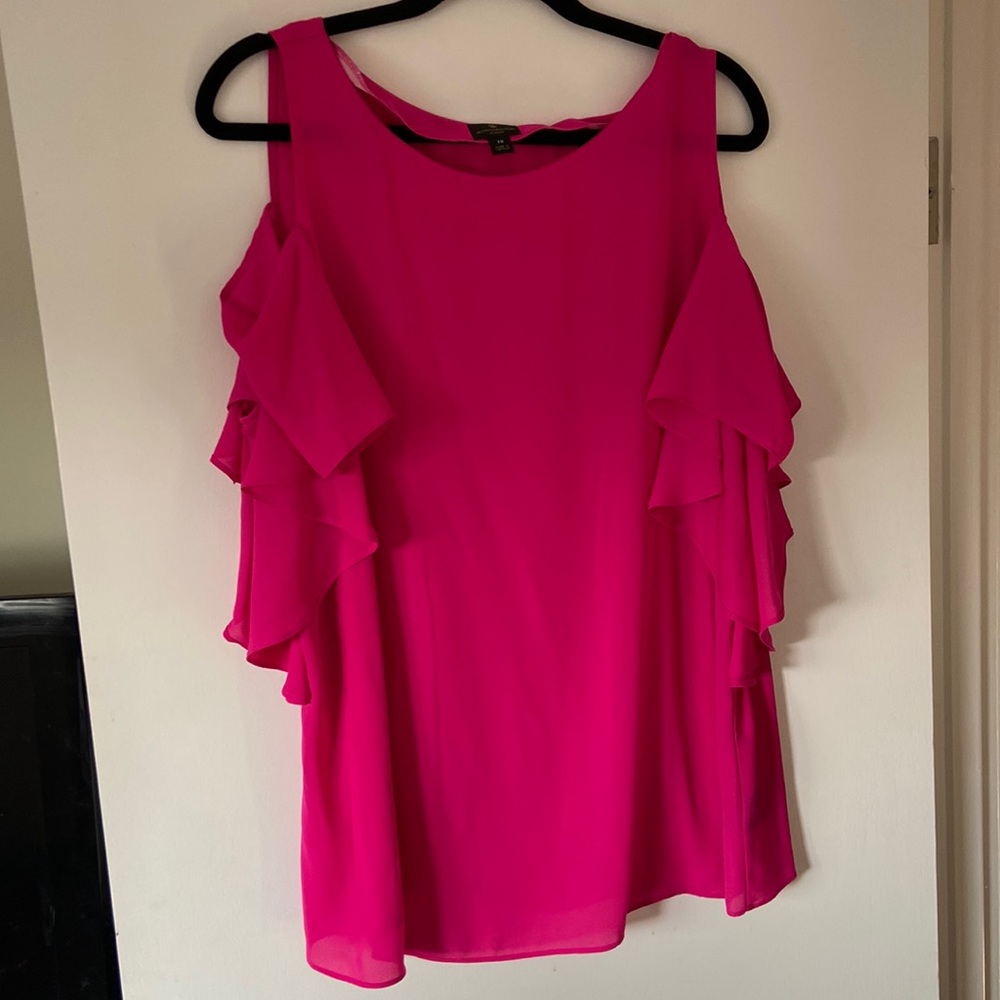 Off the shoulder/cold shoulder hot pink short sleeve blouse